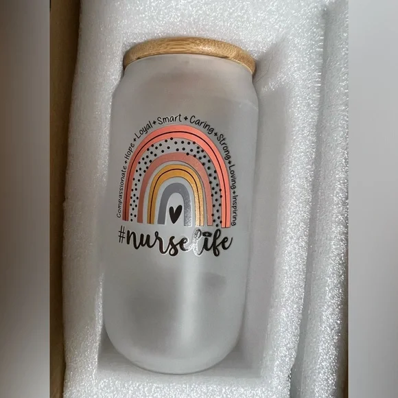 Nurse Life glass cup with two glass straws and a straw cleaner. New in box - Picture 1 of 3